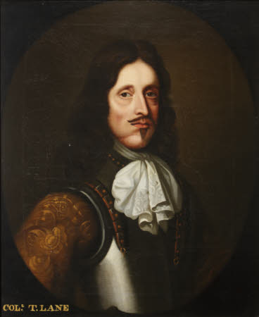 Oil painting on canvas, Colonel Thomas Lane. A painted oval head-and-shoulder portrait of Colonel Thomas Lane, turned slightly to the right, gazing at the spectator, wearing a breastplate over an embroidered brown coat and a white linen/lace cravat.